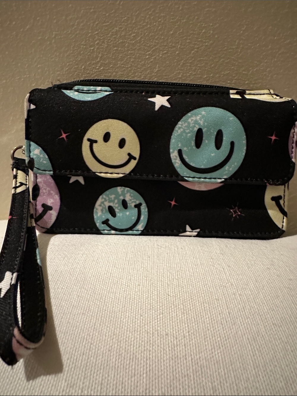 Smiley Face Wristlet Wallet - Black with Pastel Smiles